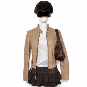 Y2k vintage genuine leather beige/tan moto jacket